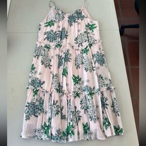 Zara Pale Pink Floral Tiered Sundress with Green Leaf Print